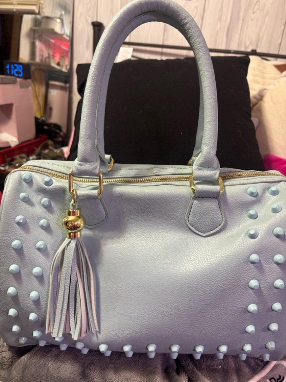 Steve Madden Light Blue Studded Satchel with Tassel